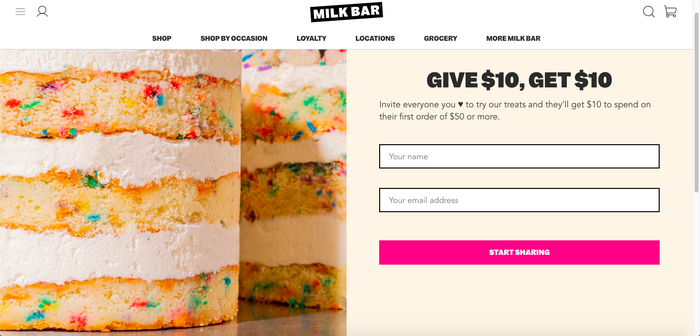 Referral landing page example by Milk Bar