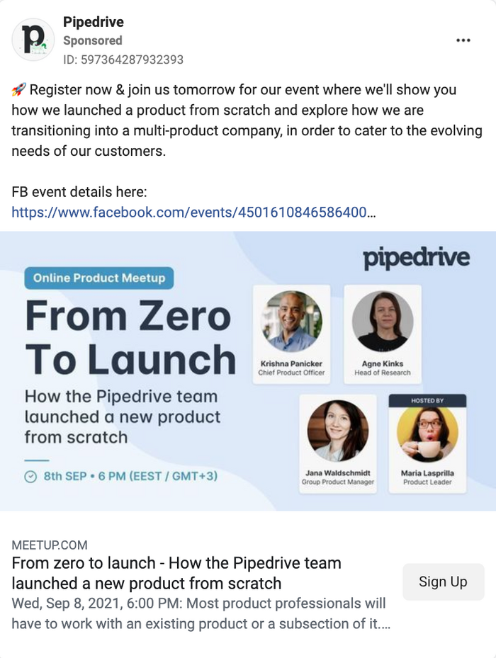 Facebook ad by Pipedrive
