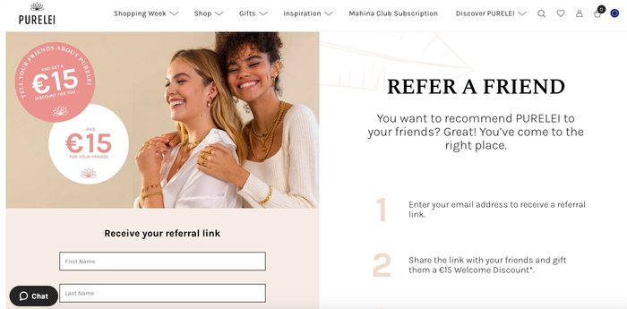 Referral landing page example by Purelei