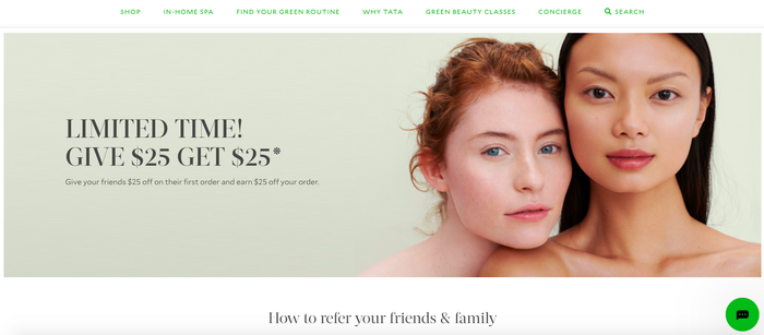 Referral landing page example by Tata Harper