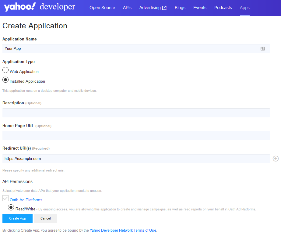 Yahoo API Oauth App creation example